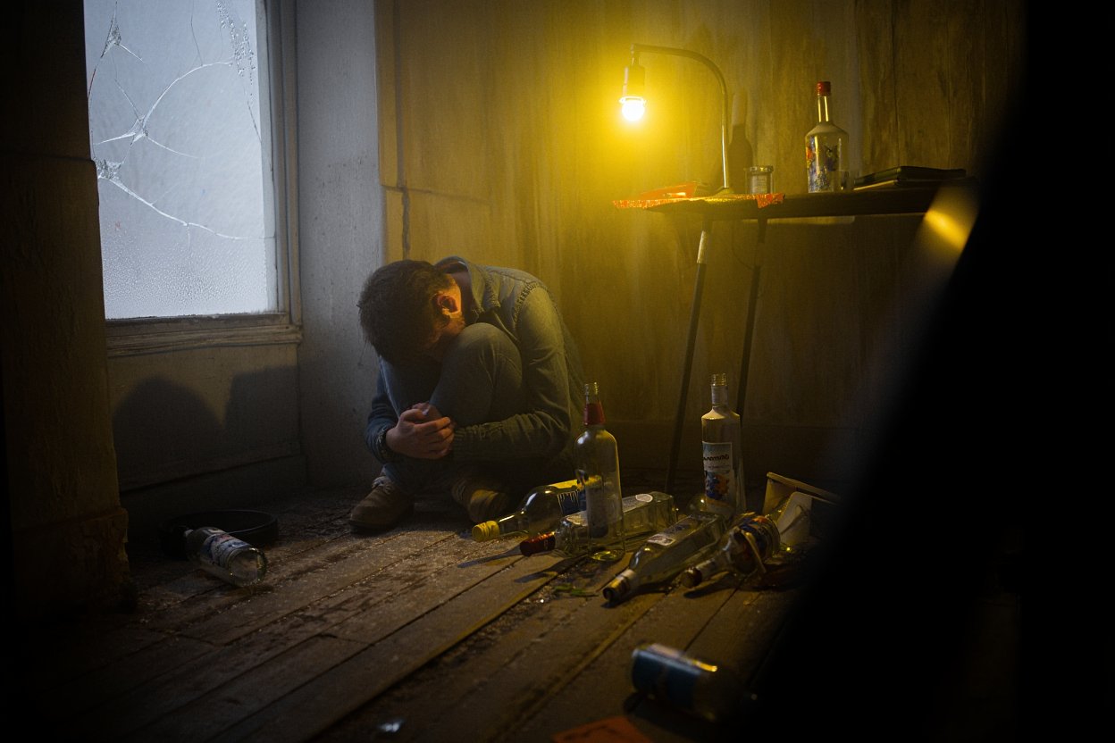 Человек в белой горячке забился в угол